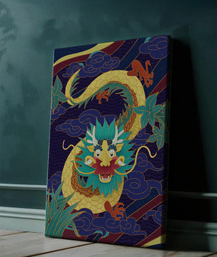 Illustration de dragon coloré avec des nuages ​​et des éléments de feuillage
