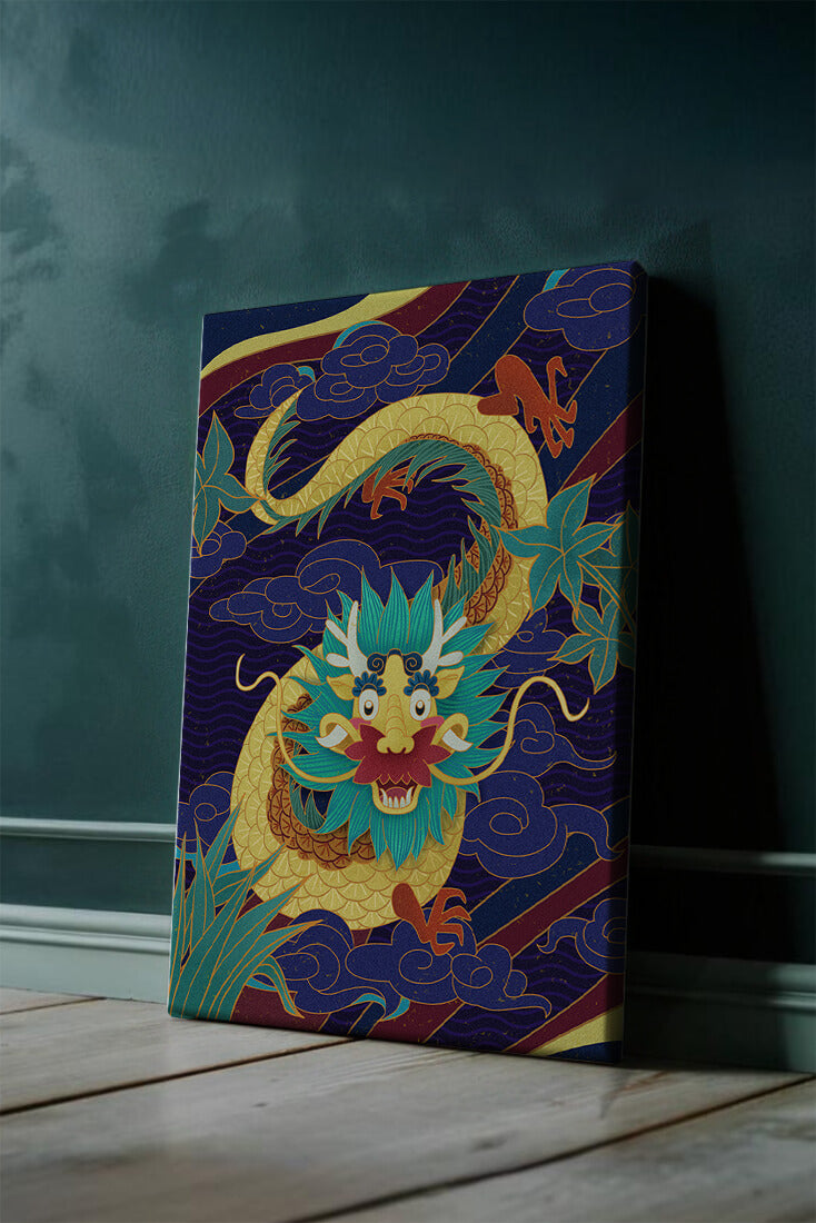 Illustration de dragon coloré avec des nuages ​​et des éléments de feuillage