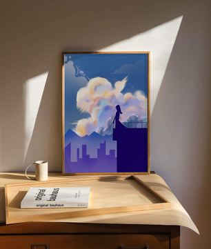 Silhouette of a woman on rooftop against a dreamy sky with colorful clouds