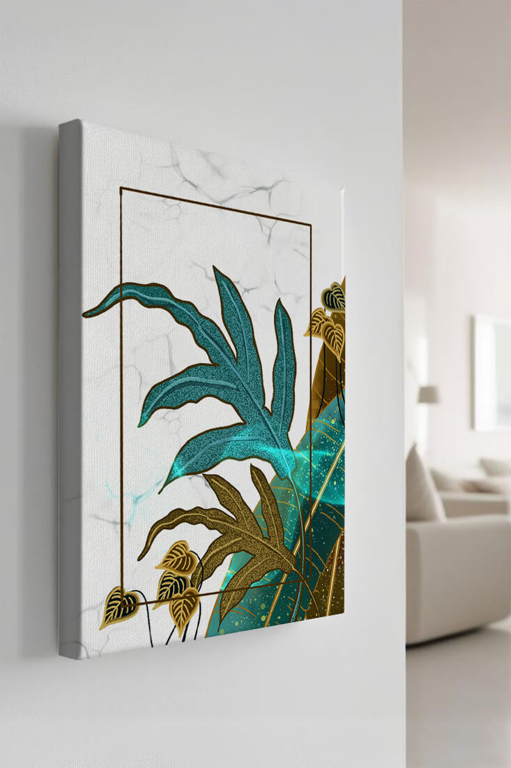 Abstract botanical art with blue and gold leafy designs