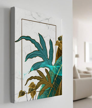 Abstrakte botanische Kunst mit blauen und goldenen Blattmustern