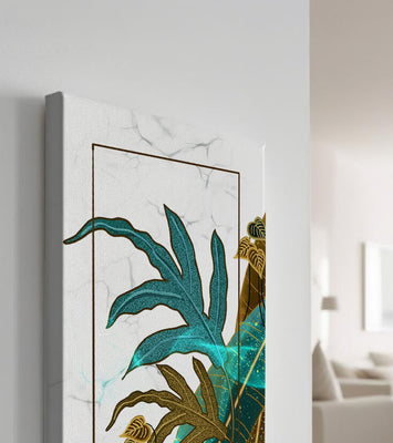 Abstract botanical art with blue and gold leafy designs