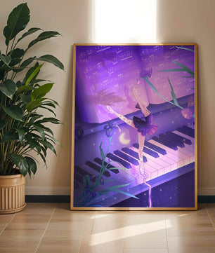 Graceful Ballerina Dancing on Piano Amidst Flowers and Musical Notes