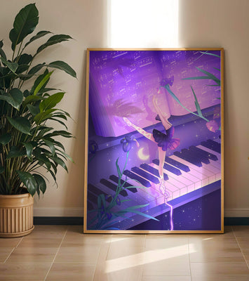 Graceful Ballerina Dancing on Piano Amidst Flowers and Musical Notes