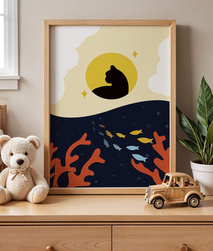 Ruhiges abstraktes Design mit Katzensilhouette und lebendiger Unterwasserszene