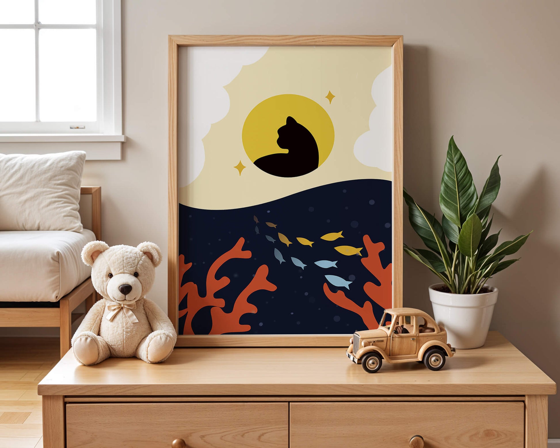 Ruhiges abstraktes Design mit Katzensilhouette und lebendiger Unterwasserszene