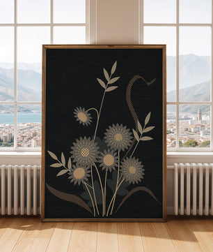 Abstract floral design with intricate patterns on dark background