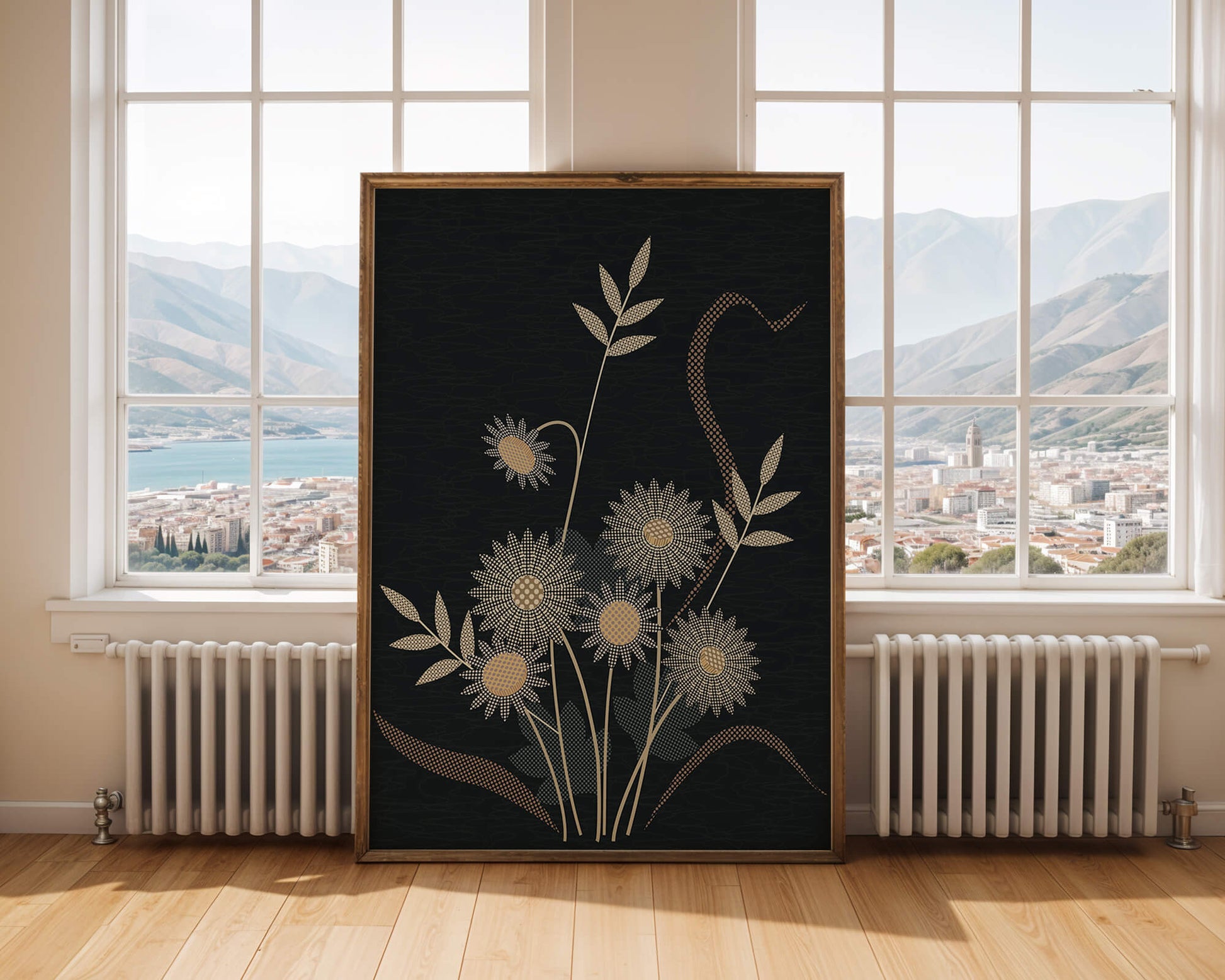 Abstract floral design with intricate patterns on dark background