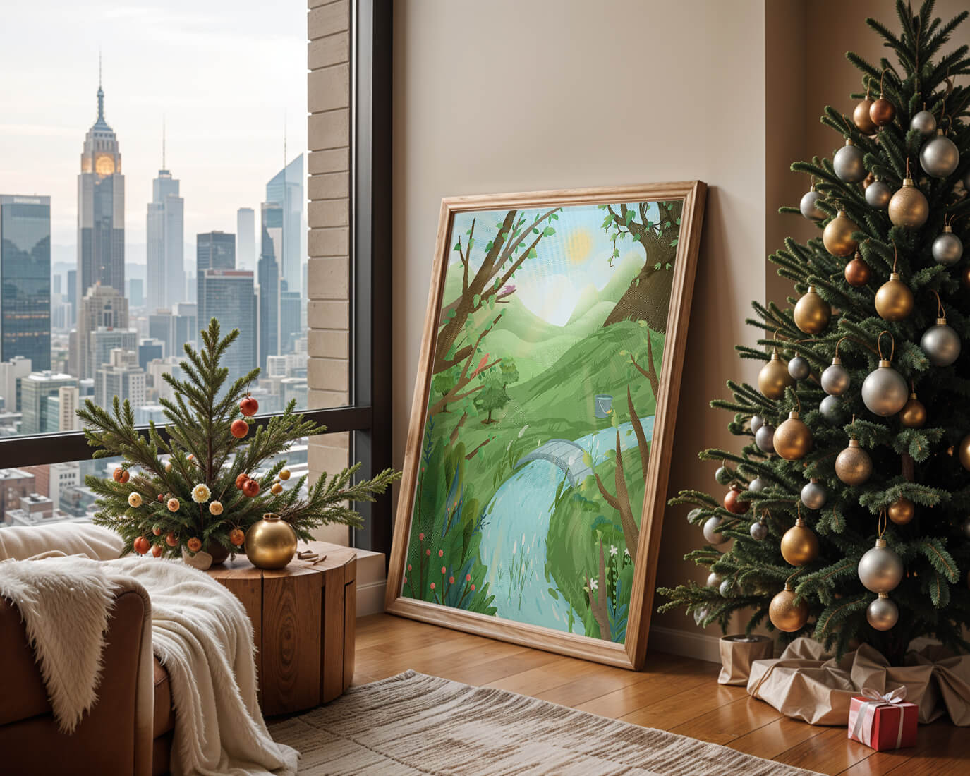 Paisaje sereno con aves y río bajo un cielo soleado
