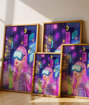 Escena urbana futurista con luces de neón y elementos de realidad virtual