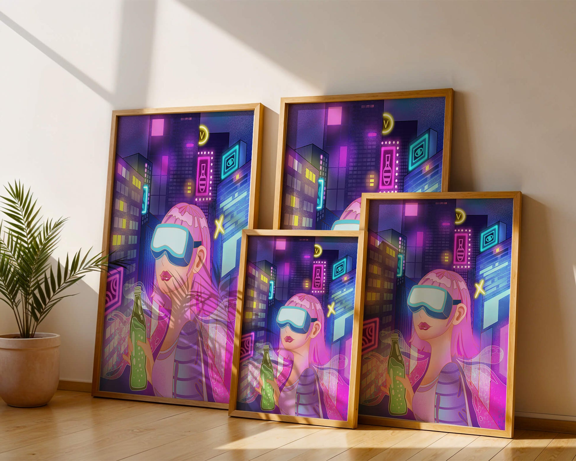 Futuristic urban scene with neon lights and virtual reality elements