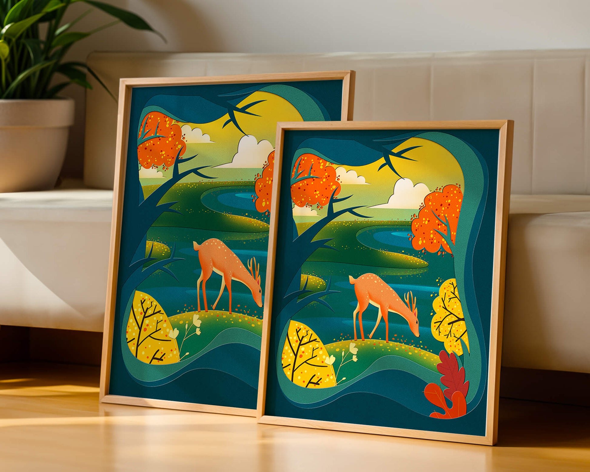 Deer in autumnal forest landscape with vibrant foliage