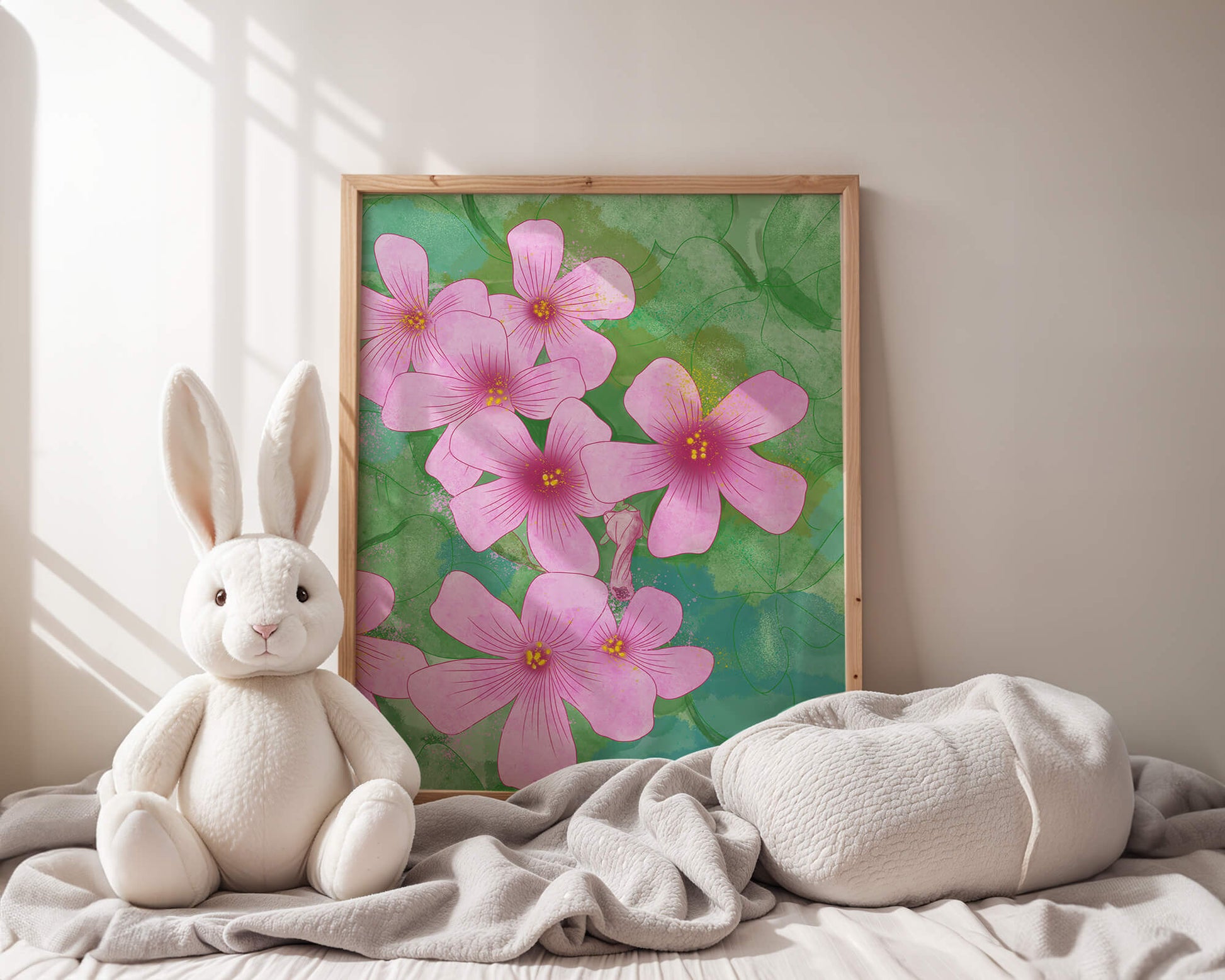 Zarte rosa Blüten auf einem leuchtend grünen Hintergrund Illustration