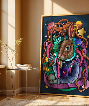 Ilustración abstracta colorida de un conejo en el espacio con pulpo, planetas y zanahoria