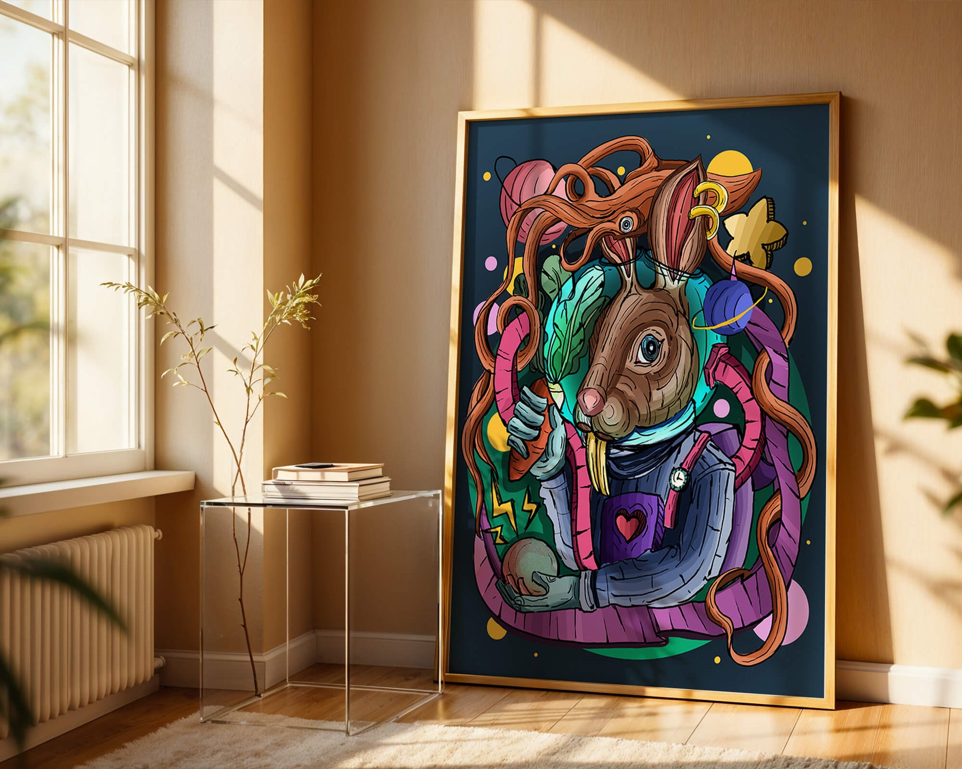 Ilustración abstracta colorida de un conejo en el espacio con pulpo, planetas y zanahoria.