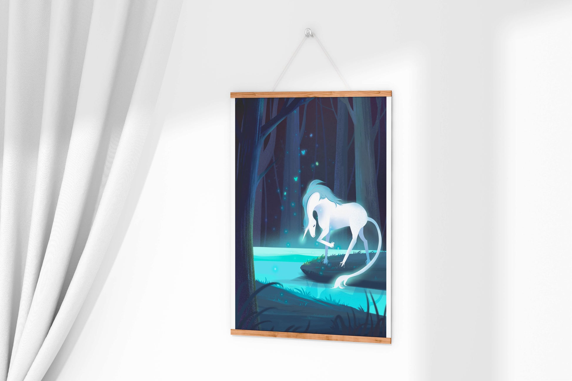 Enchanting night scene with a unicorn by a forest stream