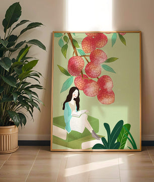 Mujer leyendo bajo un árbol de lichi con vegetación
