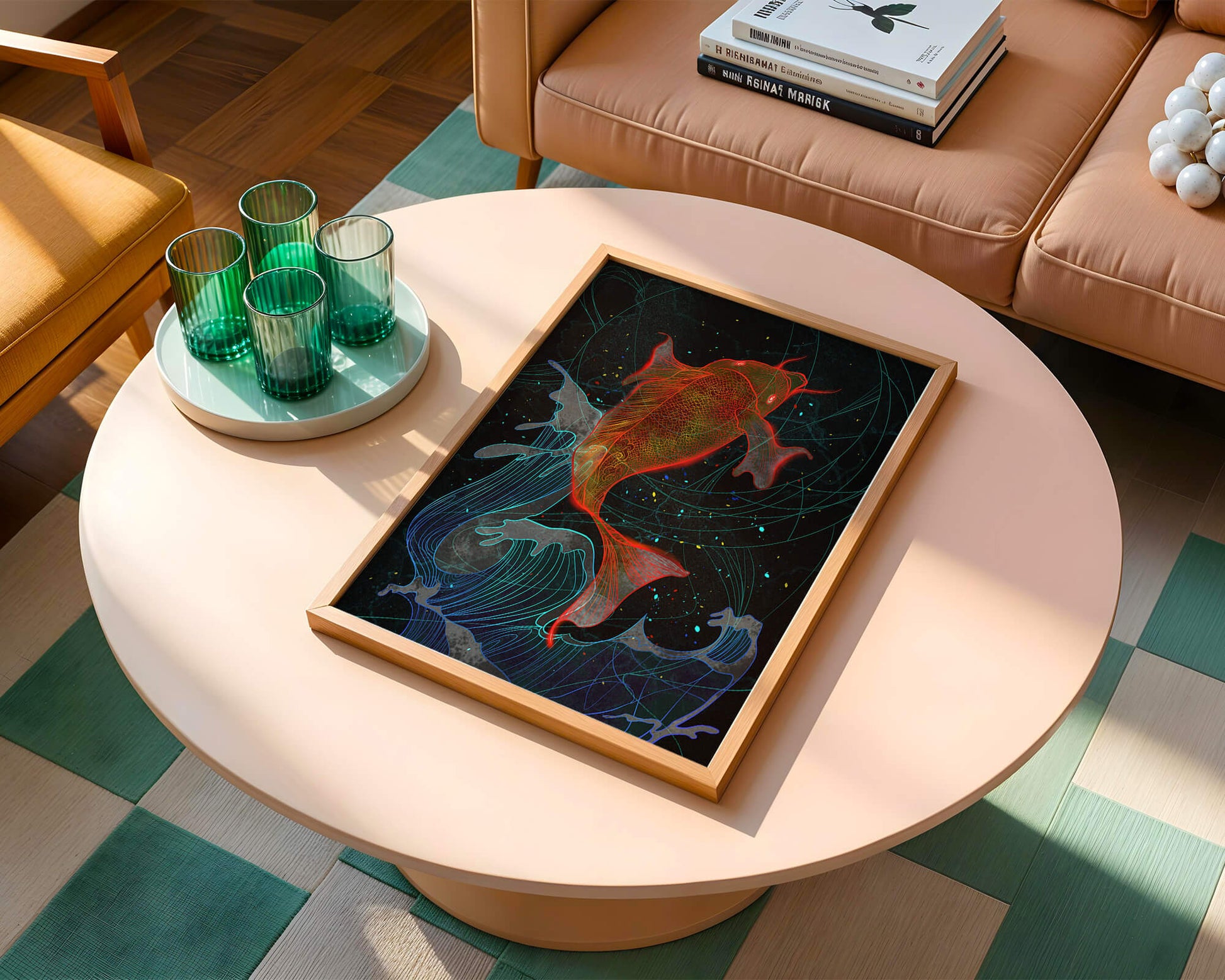 Koi Fish with Abstract Waves in Vibrant Colors