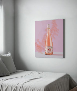 Illustrated wine bottle with a cherry label on pink background
