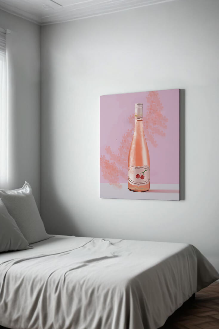 Illustrated wine bottle with a cherry label on pink background