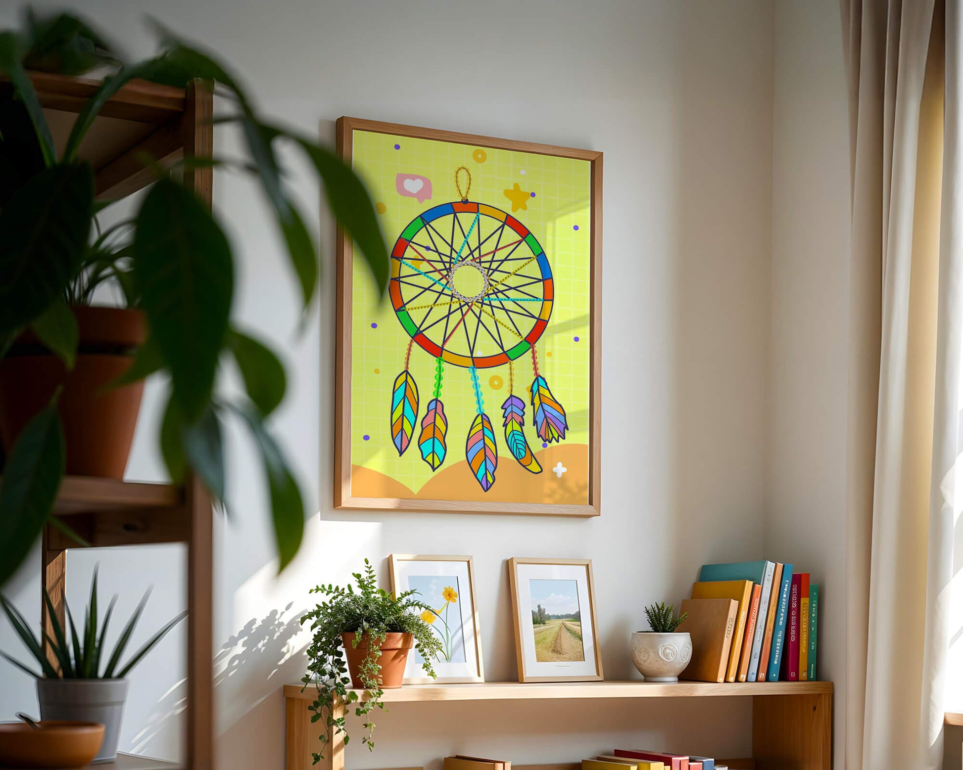 Colorful dreamcatcher on a vibrant yellow background
