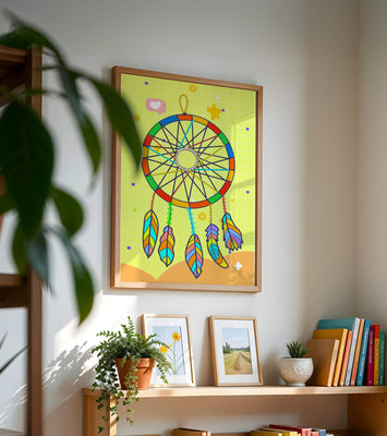 Colorful dreamcatcher on a vibrant yellow background
