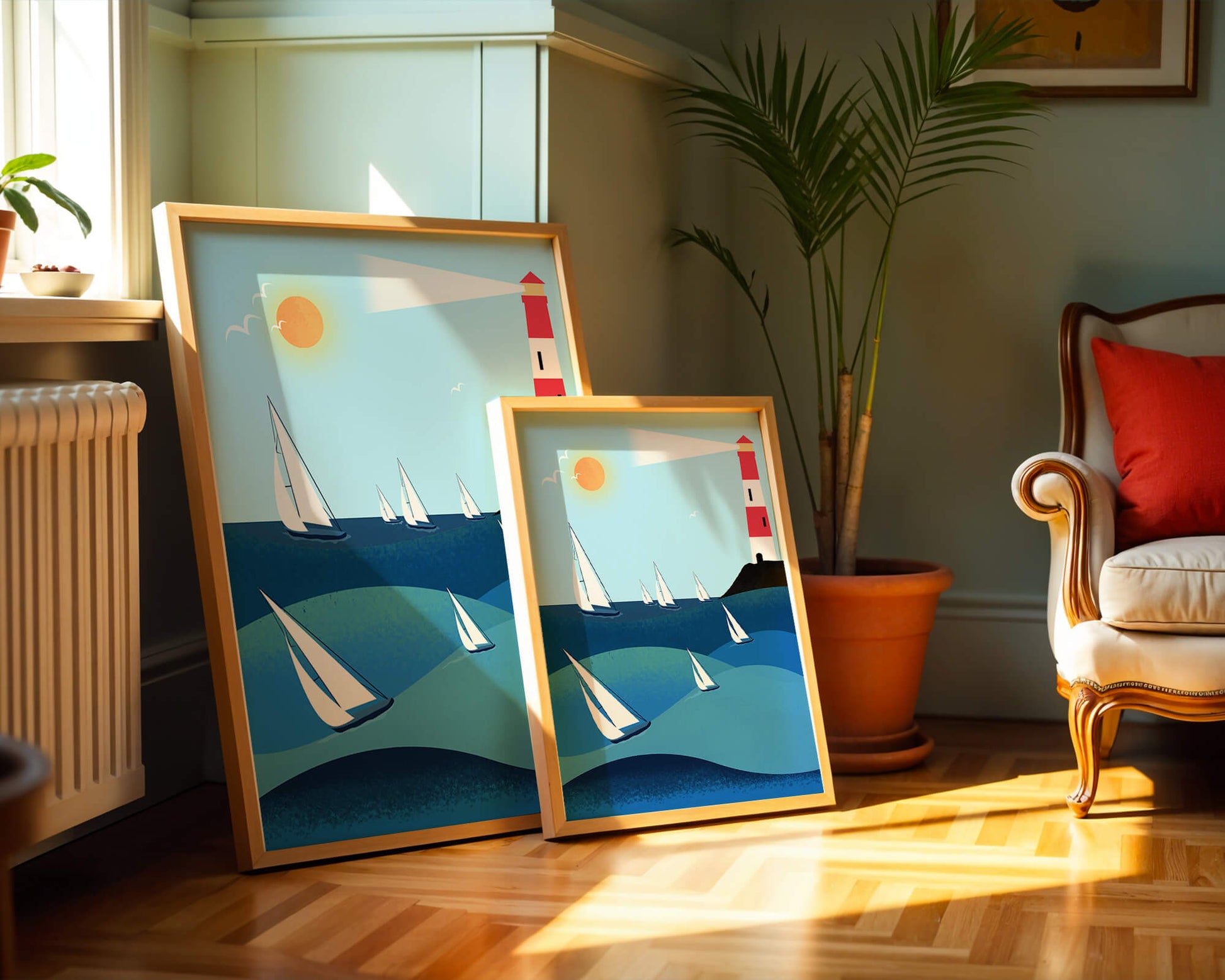 Coastal scene with sailboats and lighthouse on a bright sunny day