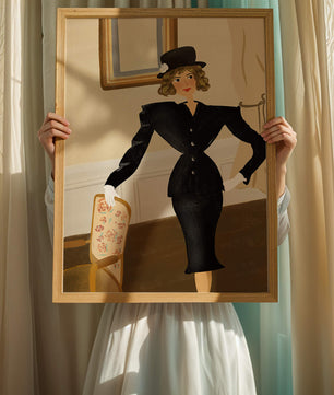 Elegant Woman in Vintage Fashion with Black Suit and Hat