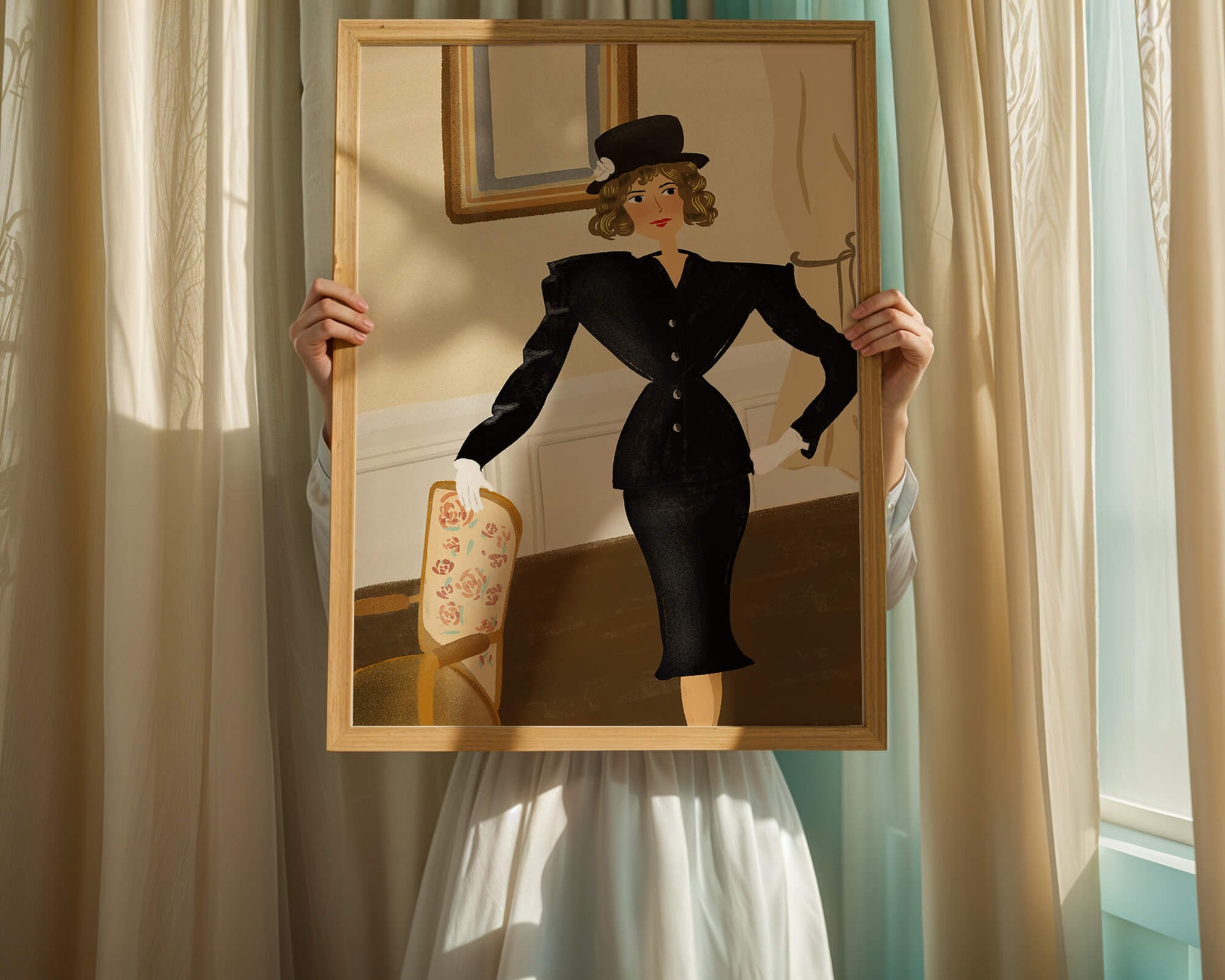 Mujer elegante en moda vintage con traje negro y sombrero