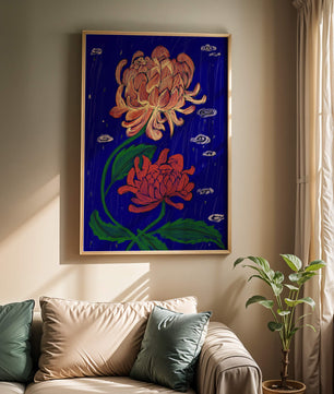 Colorful chrysanthemum illustration on dark blue background