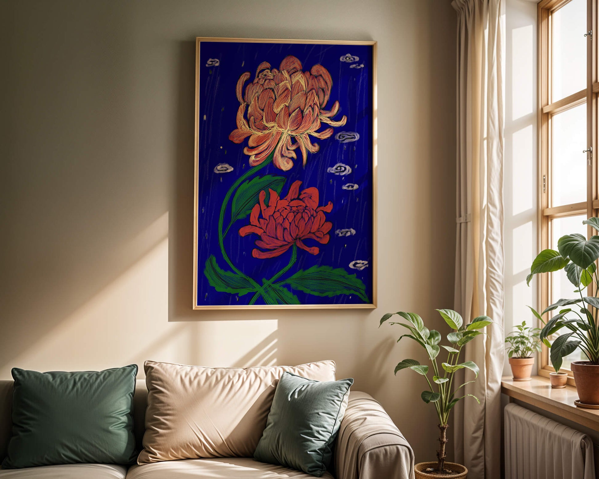 Colorful chrysanthemum illustration on dark blue background
