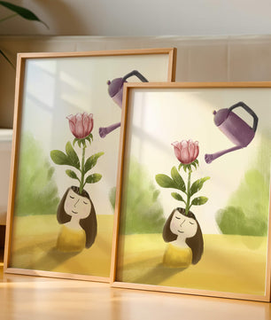 Ilustración de una chica con una flor creciendo de su cabeza siendo regada