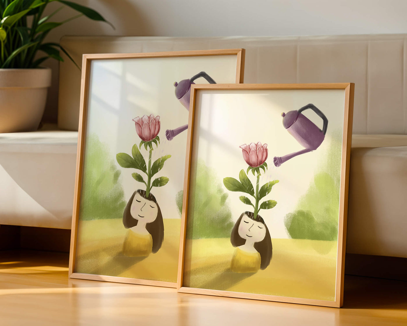 Illustration of a girl with a flower growing from her head being watered