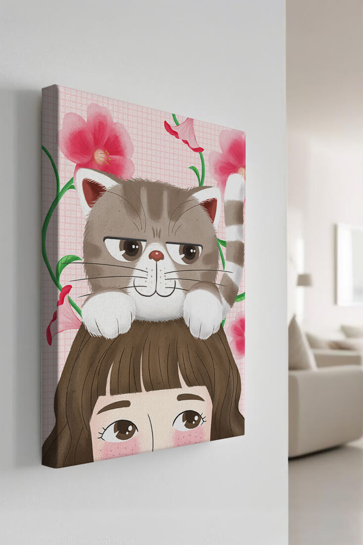 Illustration of a cat sitting on a person's head with pink flowers
