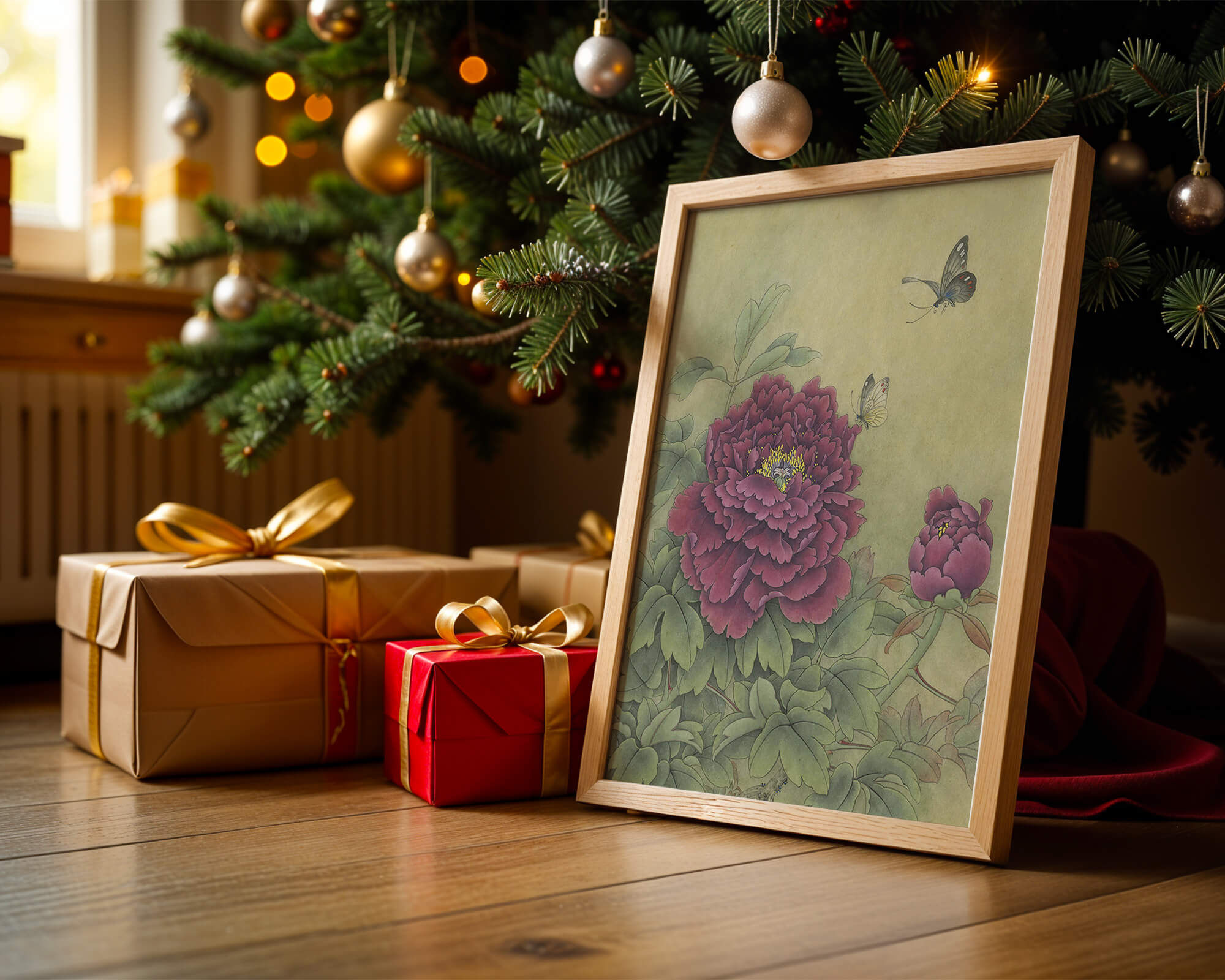 Delicate peonies with butterflies in a serene natural setting