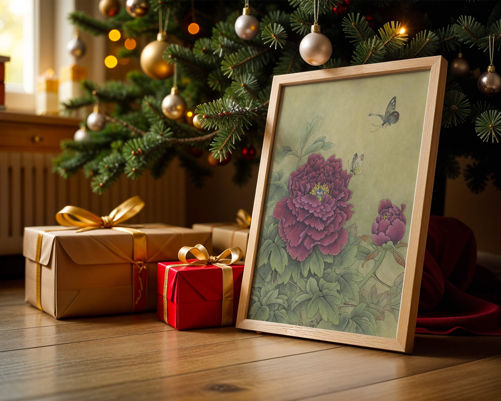 Delicate peonies with butterflies in a serene natural setting