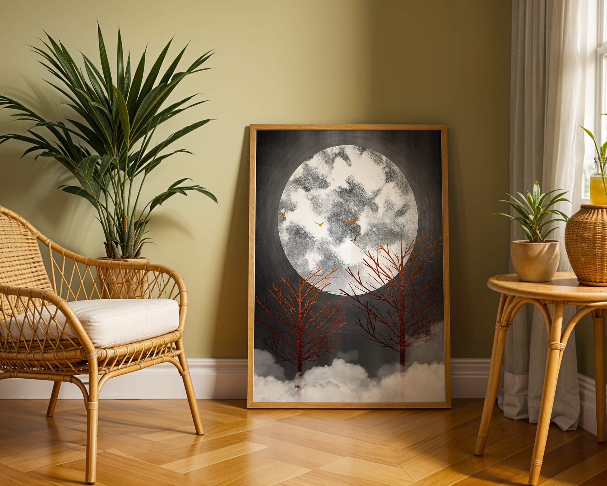Surreal Night Scene with Trees and Golden Birds in Moonlight