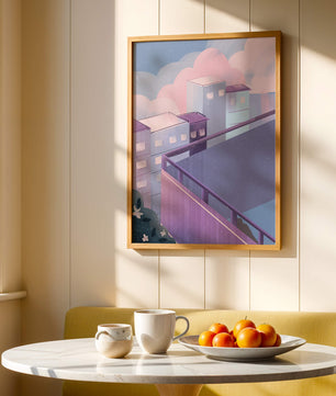 Urban Pastel Scene with Buildings and Pink Clouds