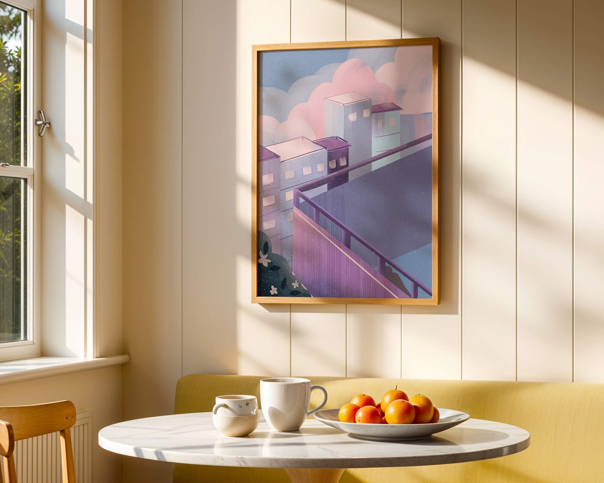 Urban Pastel Scene with Buildings and Pink Clouds