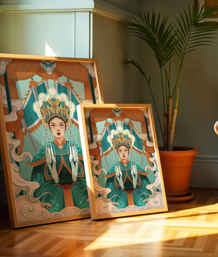 Illustration élégante d'une princesse orientale avec une tenue royale et des éléments mythiques