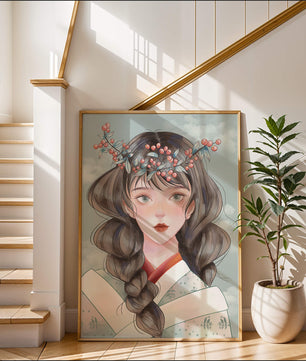 Illustration d'une jeune femme avec une coiffe florale sur fond de ciel nuageux