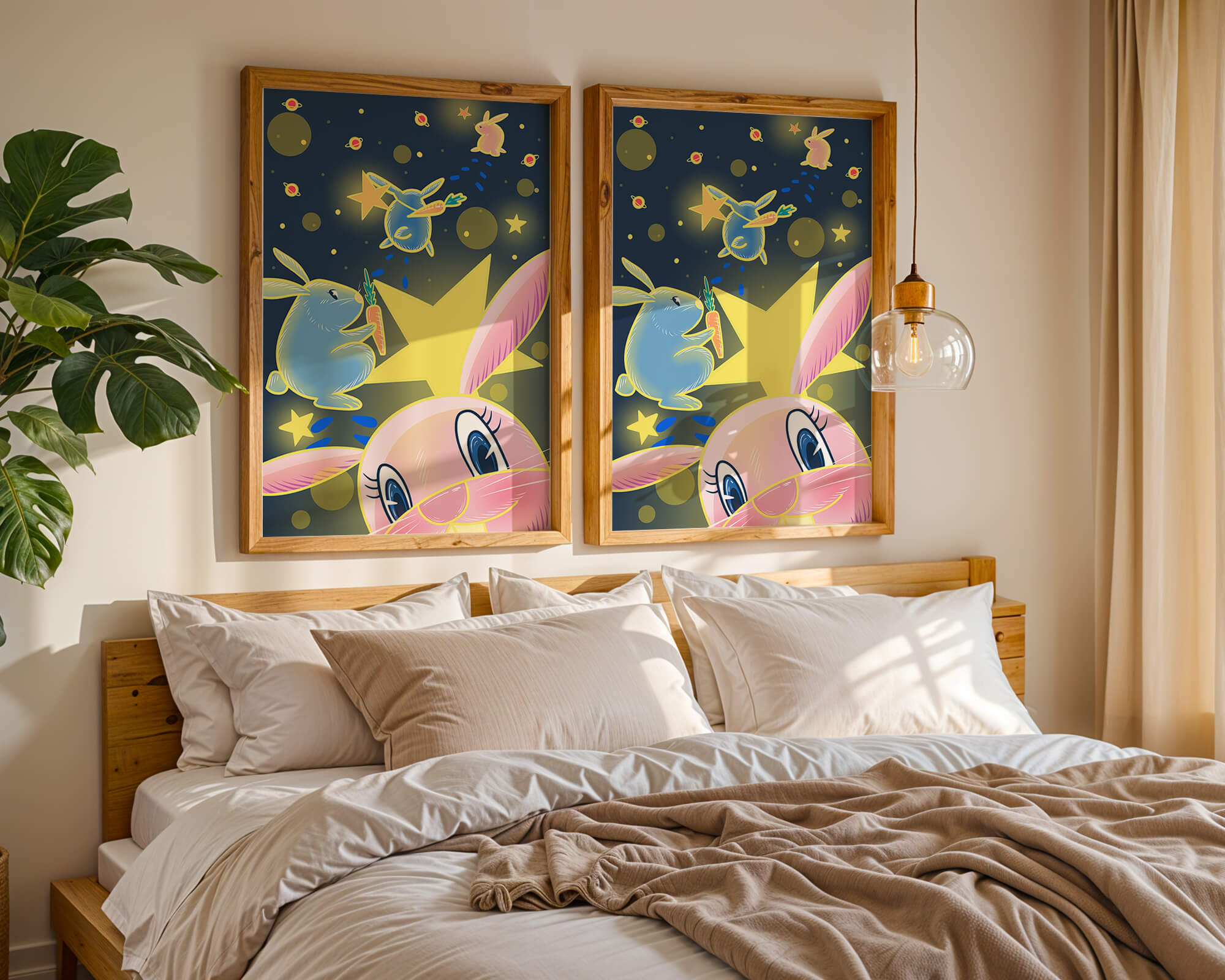 Playful bunnies with carrots and stars in a whimsical space scene
