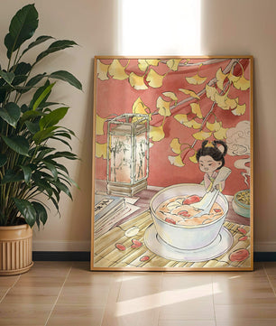 Charmante illustration d’un enfant avec un bol sous des feuilles d’automne