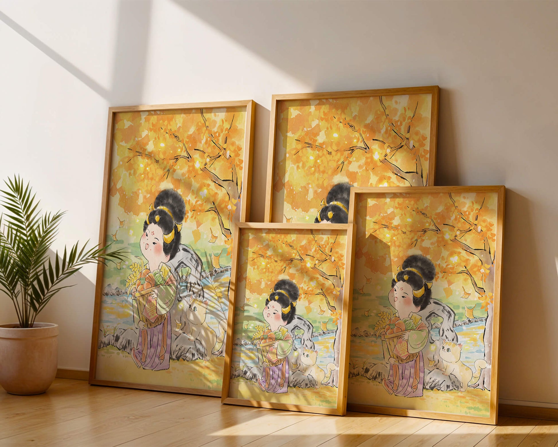 Charming watercolor scene of girl with basket in autumn setting