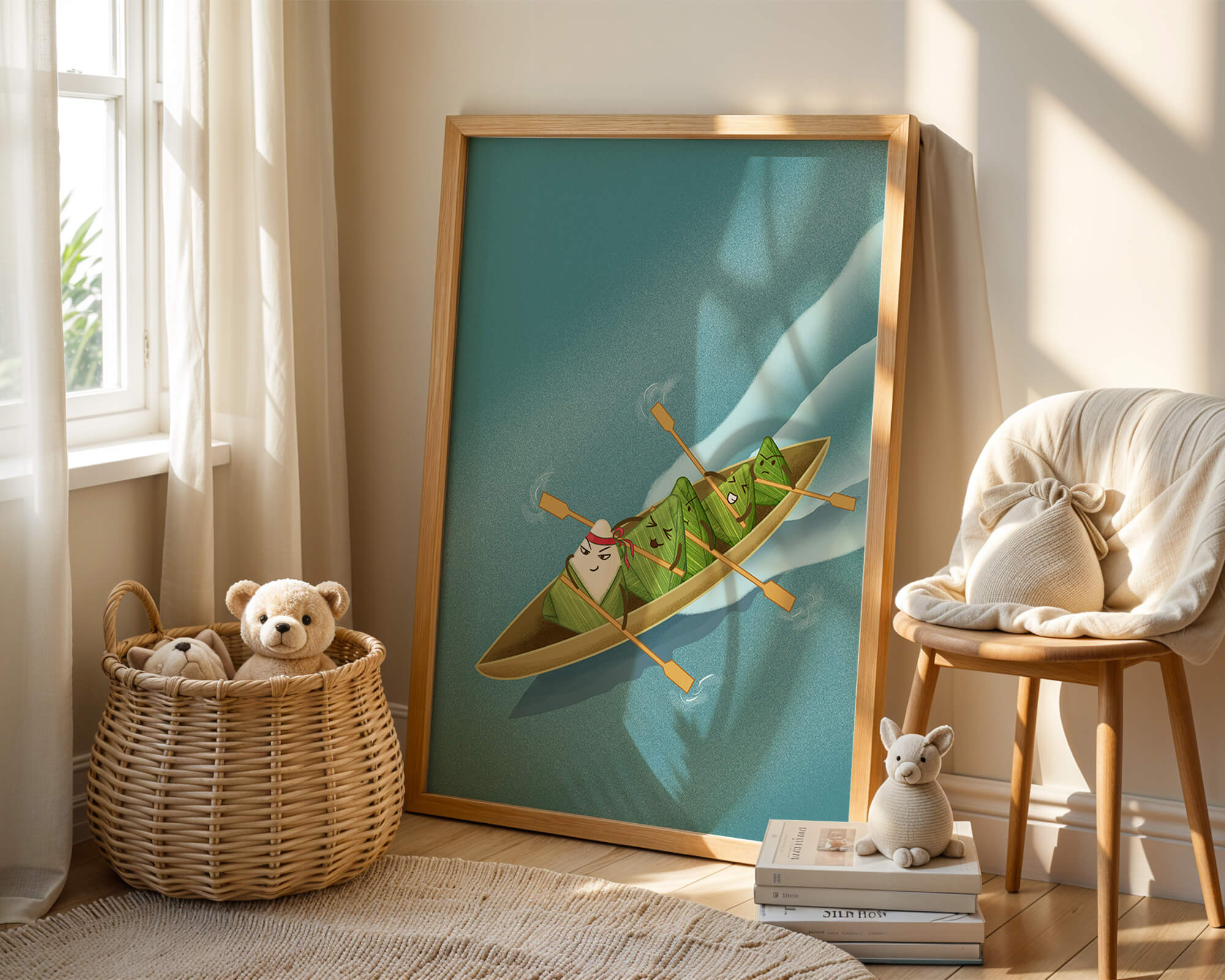 Charming illustration of rice dumplings rowing a boat with expressions
