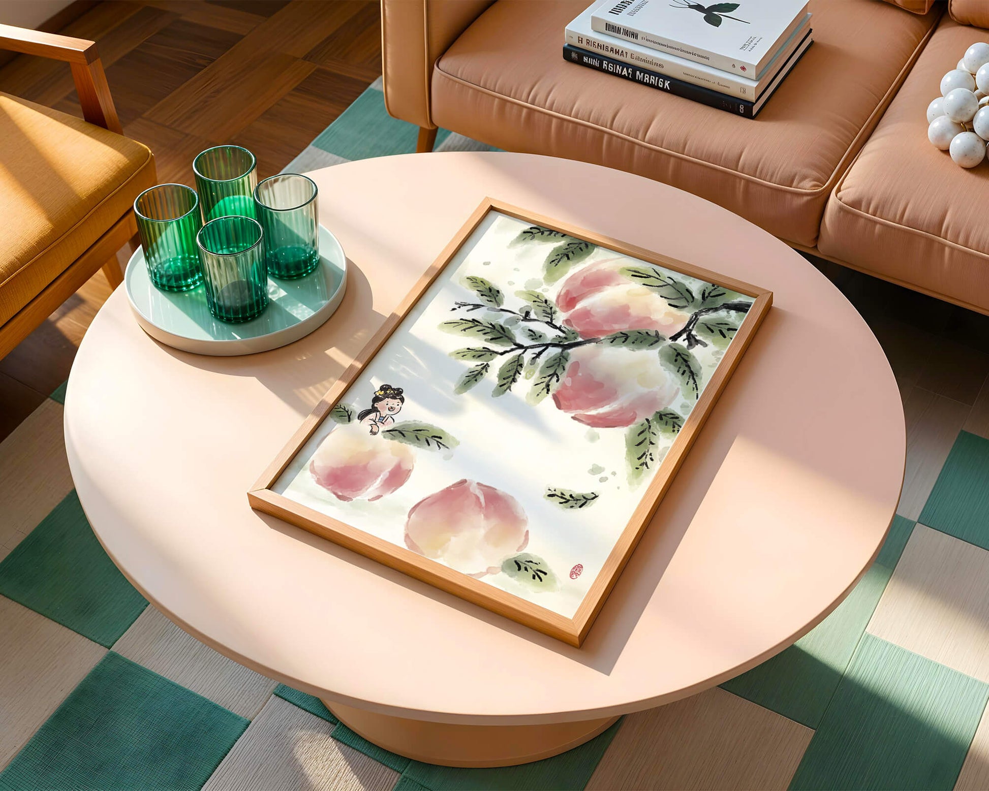 Encantadora ilustración de una chica entre flores de melocotón y hojas verdes