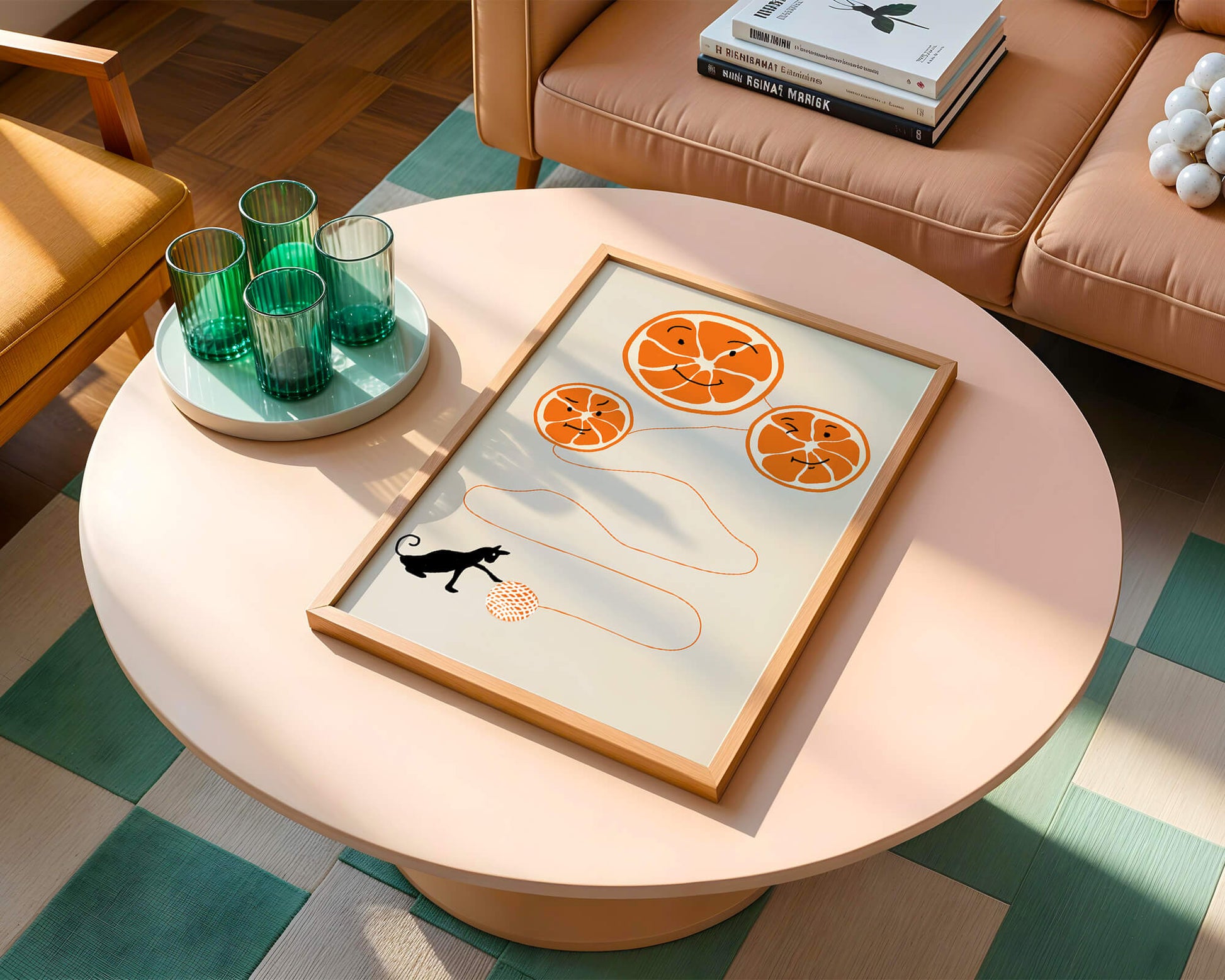 Playful illustration of oranges with cat and yarn