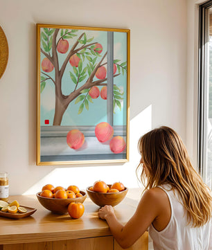 Peach tree outside a window with ripe peaches and sunny sky
