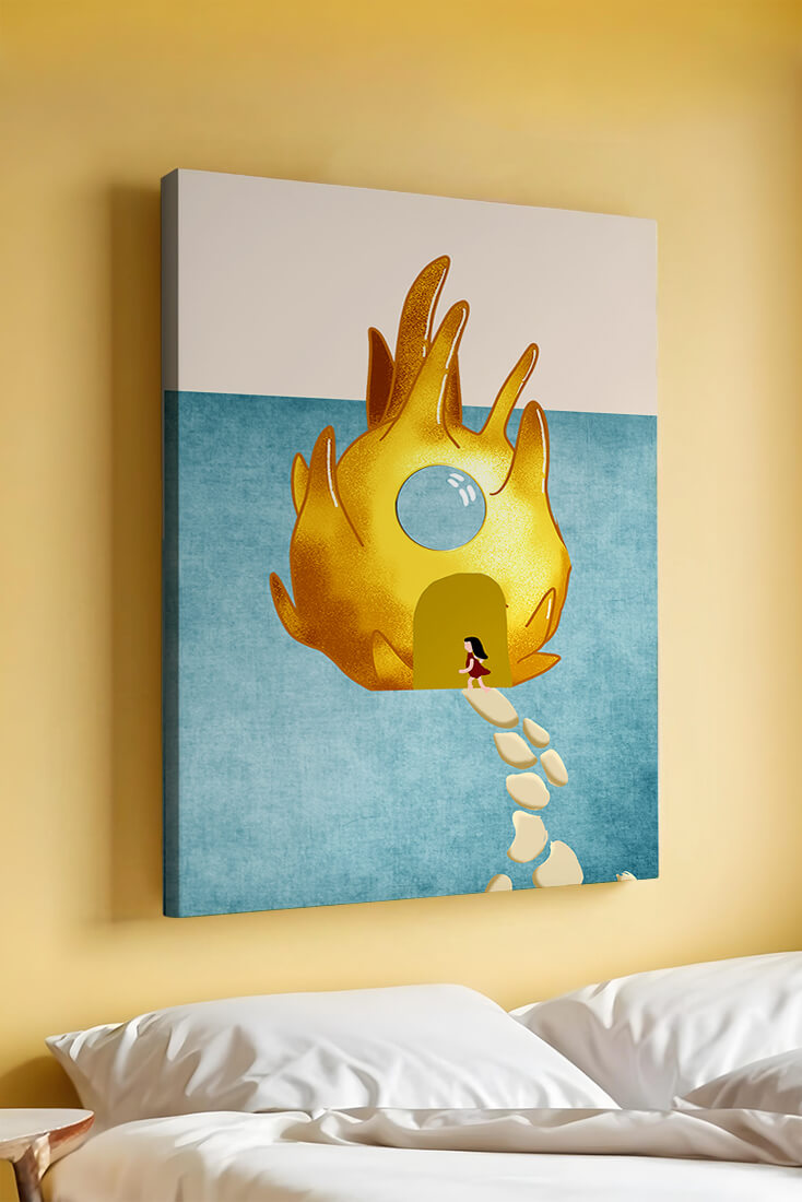 Enchanted House With Golden Flame Shape On Light Blue Background