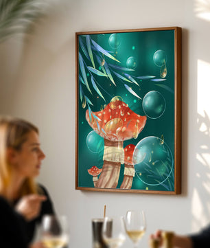 Whimsical forest scene with mushrooms and glowing bubbles